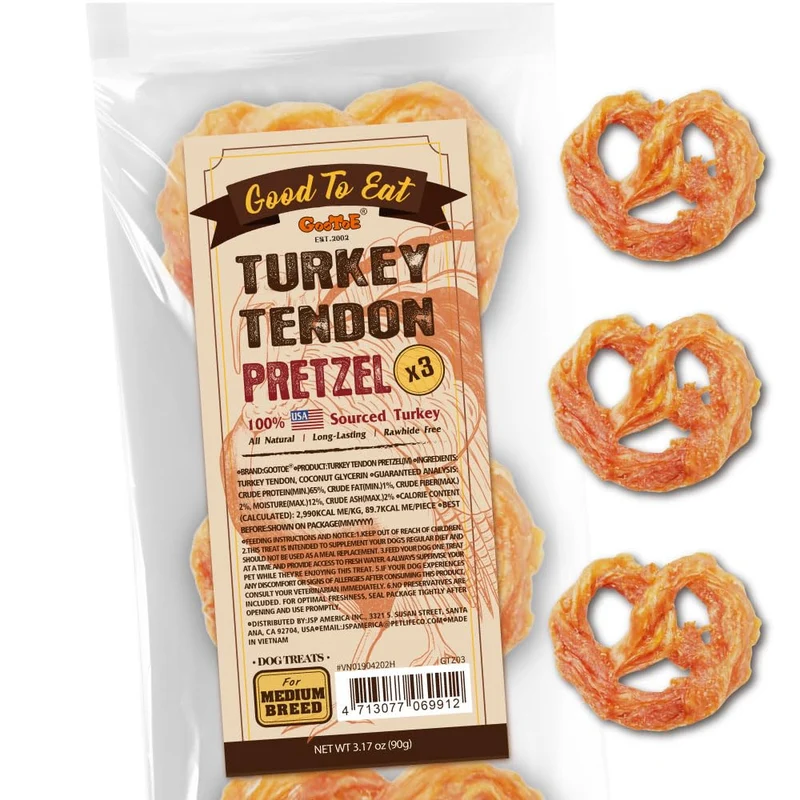 Gootoe Tendons de Dinde pour Chiens – Friandises Naturelles et Hypoallergéniques, Alternative au Rawhide, Os à Mâcher Longue Durée pour Chiens de Taille Moyenne (Pretzel M), Lot de 3