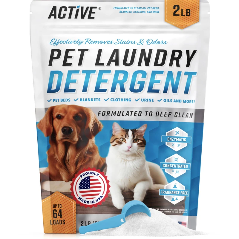 ACTIVE Détergent en poudre enzymatique pour animaux — Éliminateur d’odeurs, compatible laveuse HE, 64 lavages