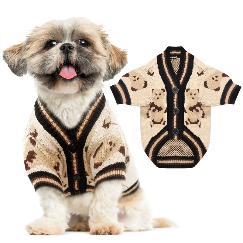 ABRRLO Pull pour Chiens Petits – Cardigan Ourse Doux Beige Taille L | Vêtement d'Hiver