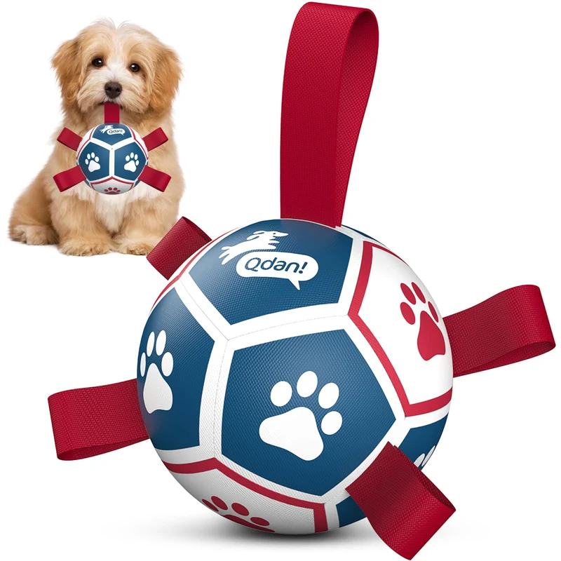 QDAN Ballon Football pour Chien (5 po) — Ballon avec sangles, Jouet Indoor/Outdoor et Jouet d'eau Durable pour Chiots