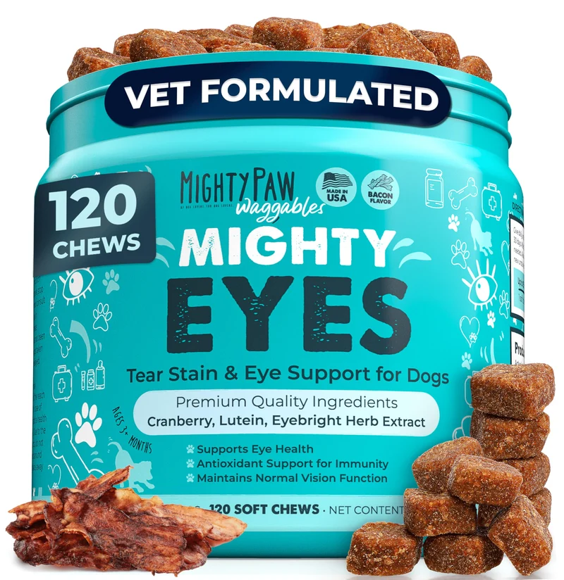 Mighty Paw Waggables Eyes (Fabriqué aux États-Unis) | Friandises pour chiens – Soutien des yeux et réduction des traces lacrimales | Lutéine | 120 bouchées