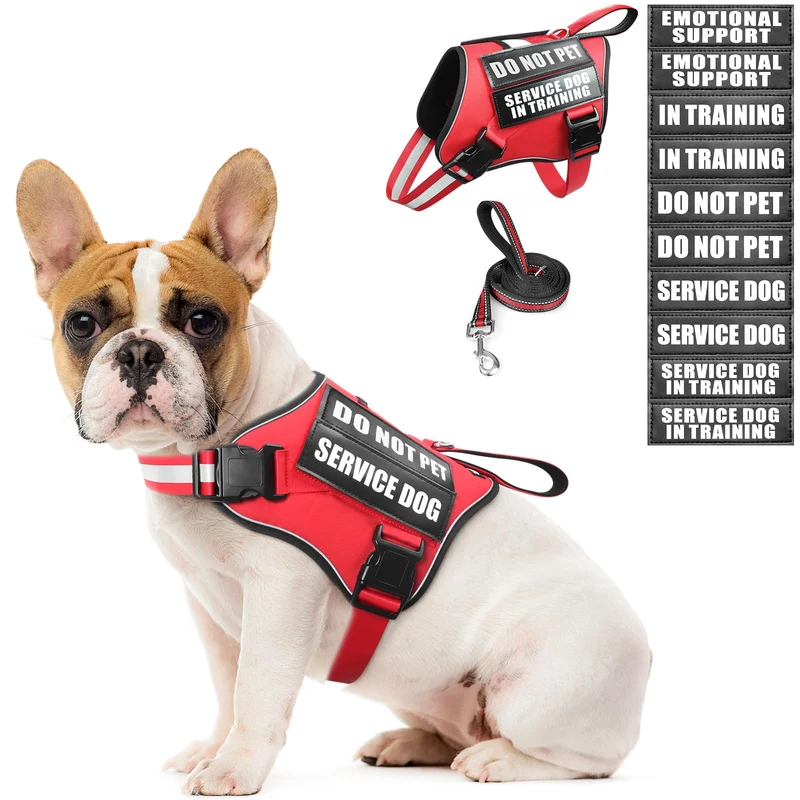 MOOGROU Harnais et Laisse pour Chien de Service — Patchs, Réflectif, Doux et Ajustable (Taille S, Rouge)