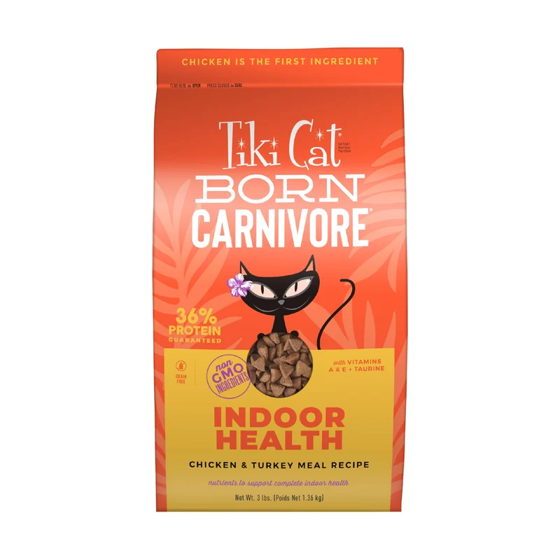 Tiki Cat Born Carnivore – Haute Protéine pour Chats d’Intérieur, Recette Poulet et Dinde Sans Céréales, Croquettes Sèches, Sac 1,36 kg