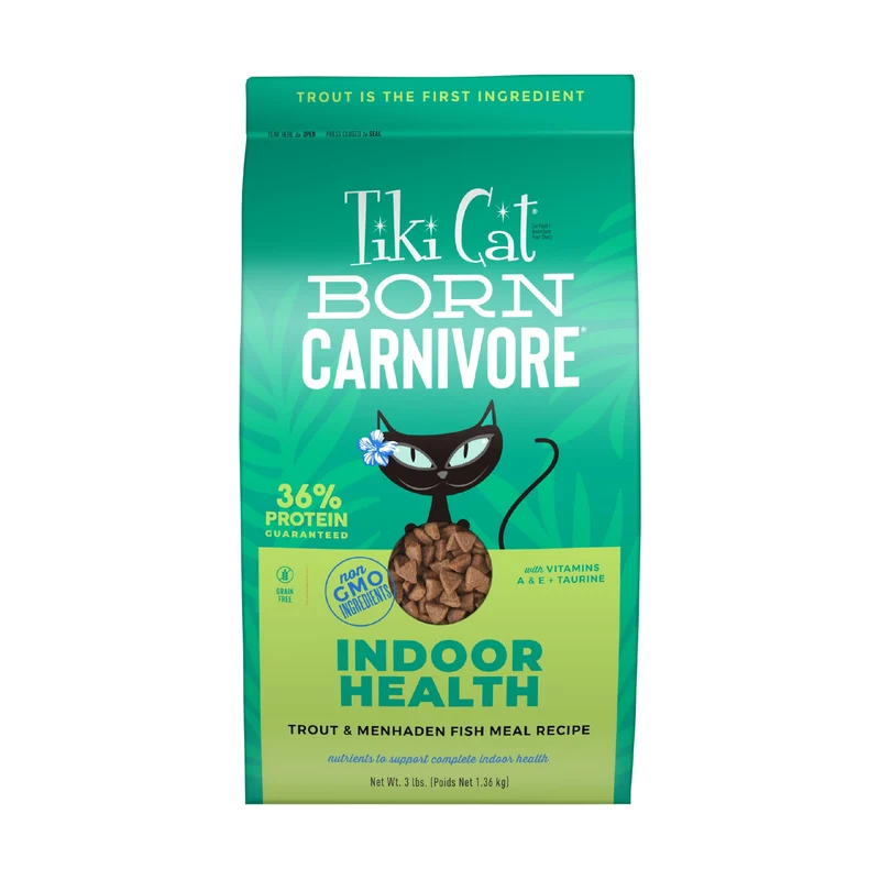 Aliments secs Tiki Cat Carnivore pour Chats d’Intérieur – Santé, Truite et Farine de Menhaden, Sac 1,36 kg