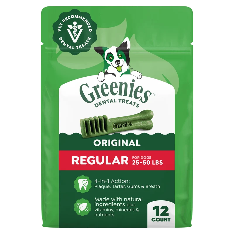 Greenies Friandises Dentaires Naturelles pour Chiens Adultes – Saveur Originale, Taille Regular, 340 g, Pack de 12 | Recommandées par les vétérinaires