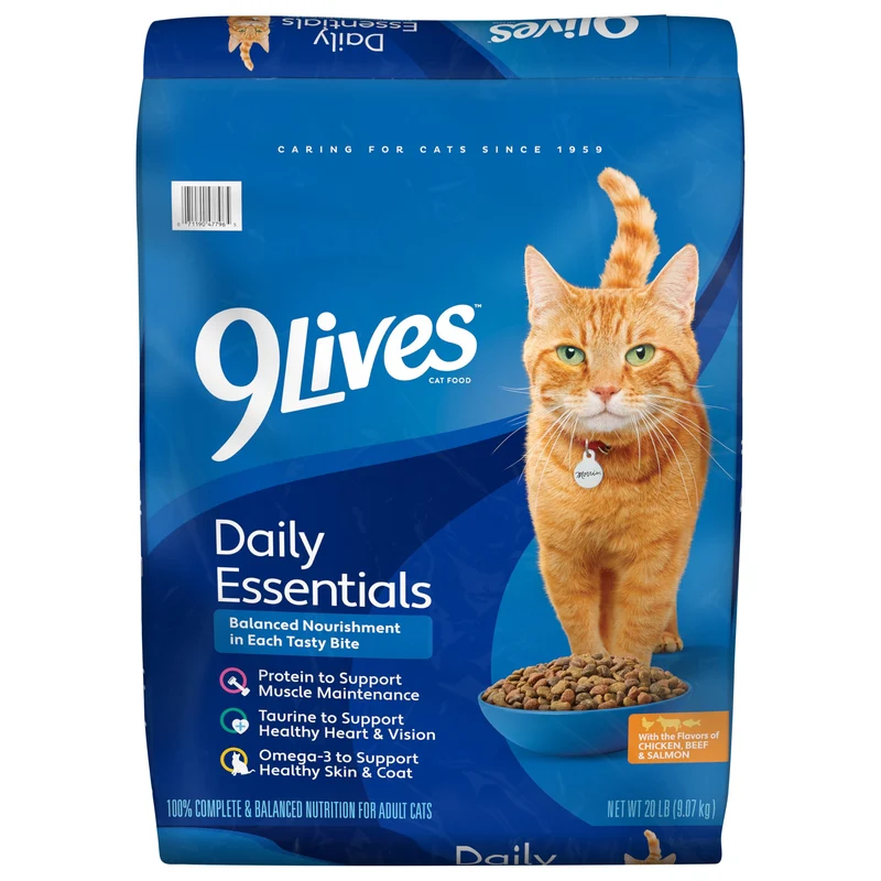 9Lives Essentiels Quotidiens – Croquettes pour chat, sac 20 lb (Saumon, Poulet et Boeuf)