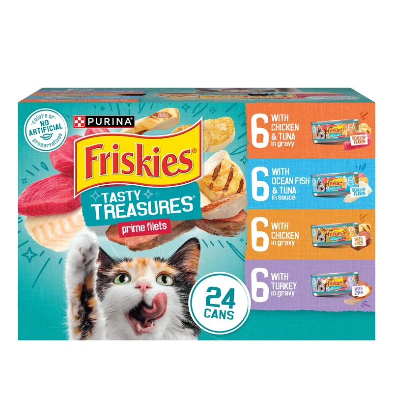 Purina Friskies Tasty Treasures – Variété en 24 boîtes (Poulet et Thon, Poulet, Poisson et Thon, Dinde) 5,5 oz