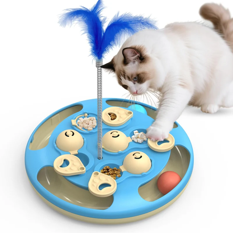 Jouet puzzle CGBD 3 en 1 pour chat – Billes sur piste, teaser plume et distributeur de friandises | Base antidérapante – Bleu