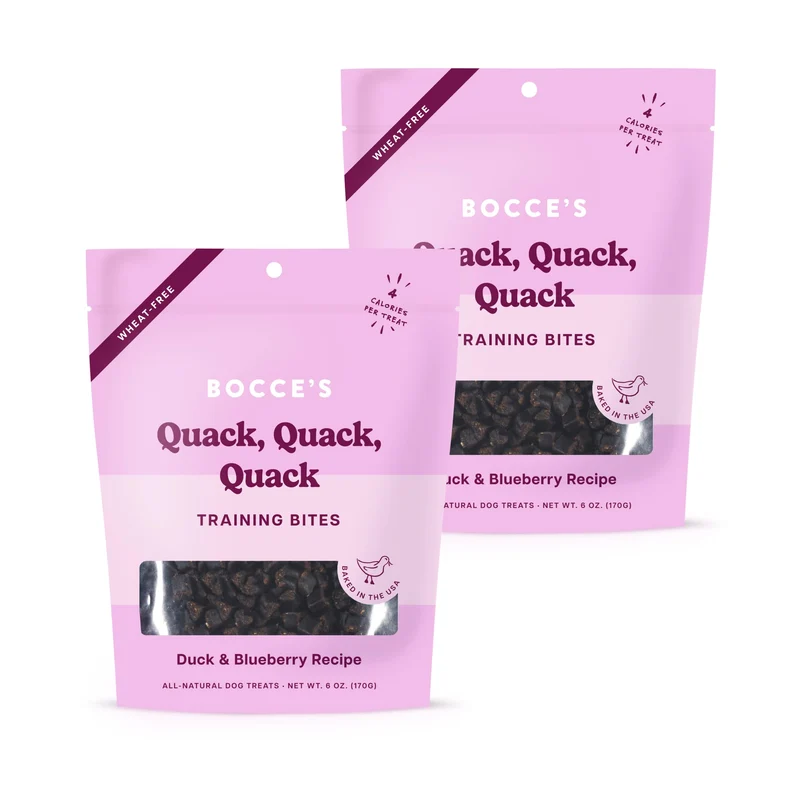 Friandises d'entraînement Bocce's Bakery Quack Quack Quack – Canard et Myrtille, faibles calories (2 paquets)