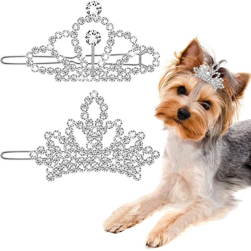 MTLEE - Lot de 2 pinces tiare pour chien en cristal strass argenté | Accessoires de toilettage et costume