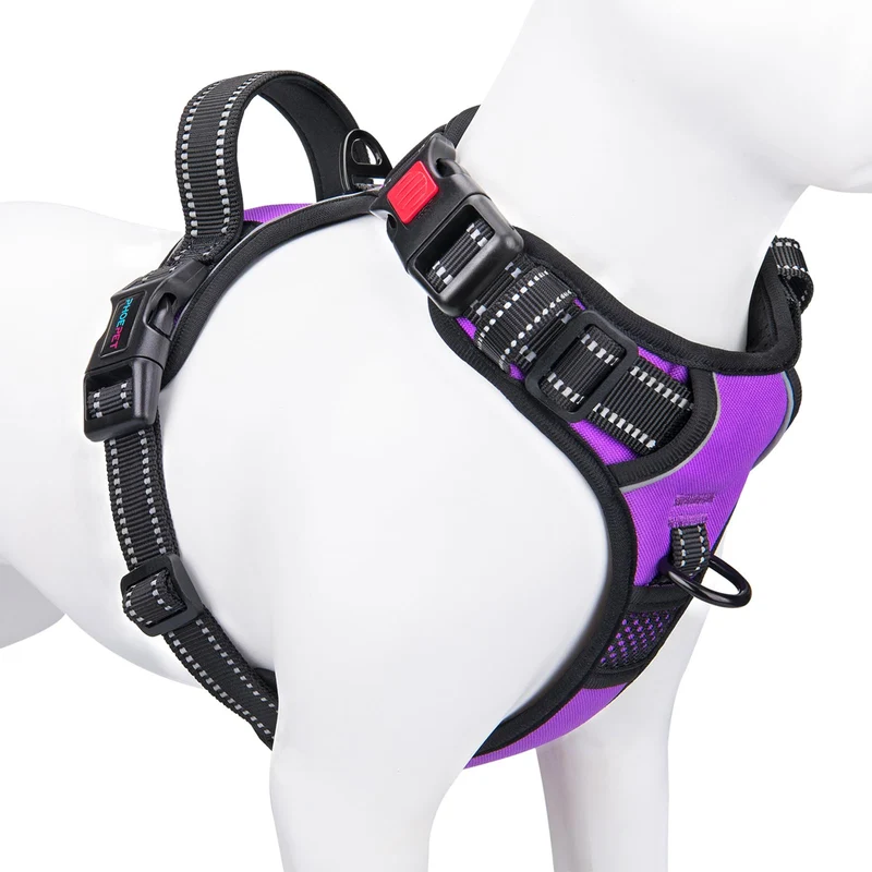 PHOEPET Harnais Chien Réfléchissant Grande Taille Ajustable – Sans Traction | Poignée & 2 Anneaux Métalliques – XL Violet
