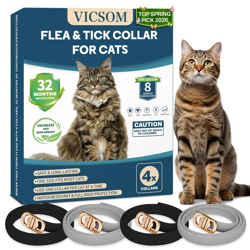 VICSOM 4 Pack Colliers Anti-Puces et Tiques pour Chats – 32 Mois de Protection, Étanches & Taille Unique