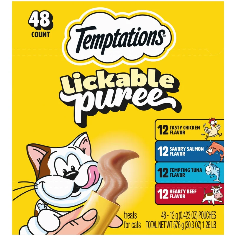 Temptations Purée Crémee en Tube pour Chats — Saveurs Boeuf, Saumon, Poulet et Thon, Lot de 48 tubes de 12 g