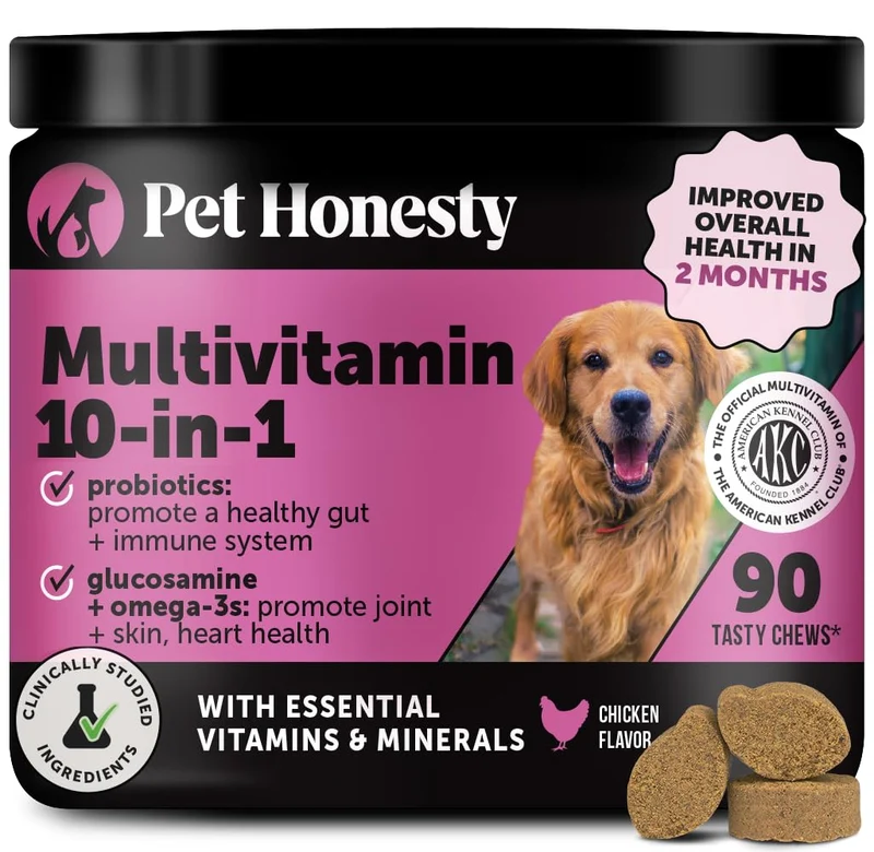 Pet Honesty – Multivitamines 10-en-1 pour chien avec Glucosamine & Probiotiques – Soutien hanches, digestion, immunité, peau et cœur – 90 comprimés au poulet