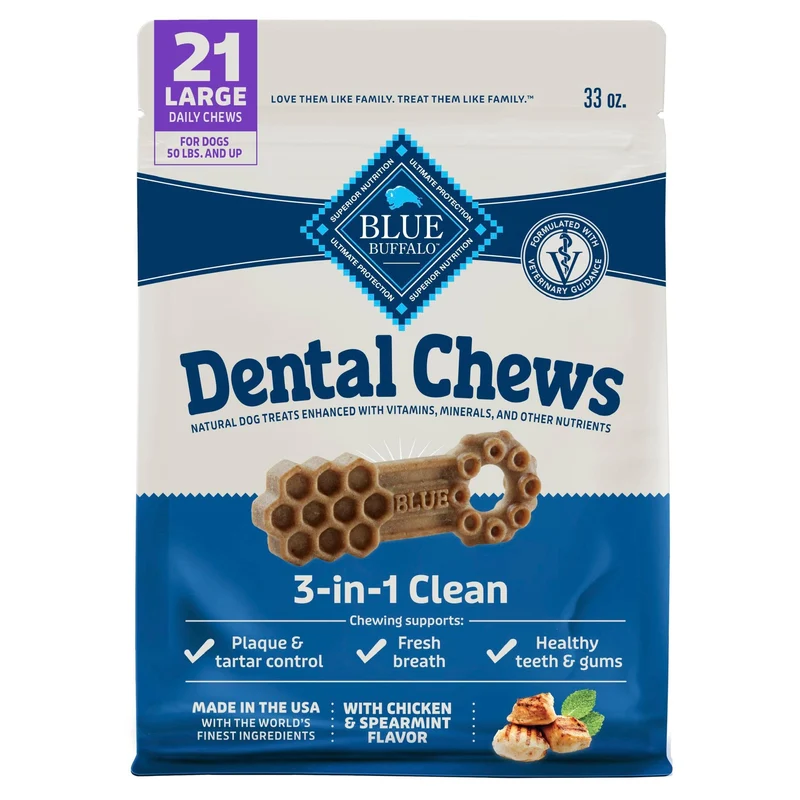 Blue Buffalo Friandises Dentaires — Poulet et Menthe, Grand Modèle, Sac de 21 Pièces (33 oz)