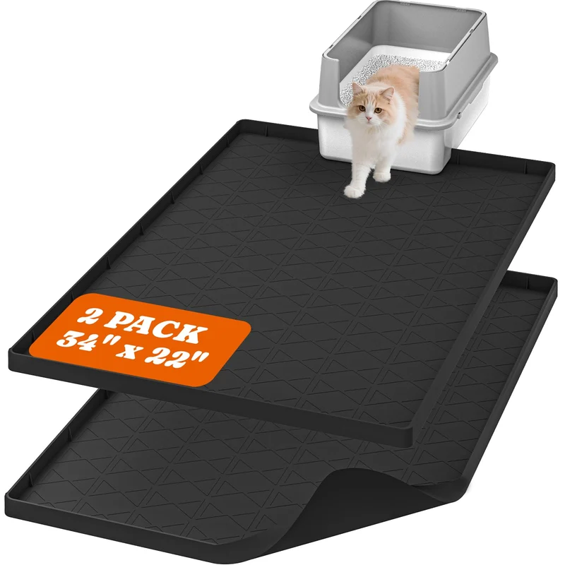 Pawtners Tapis Litière Chat Grand Noir 34x22 – Silicone, Imperméable, Antidérapant (Lot de 2)