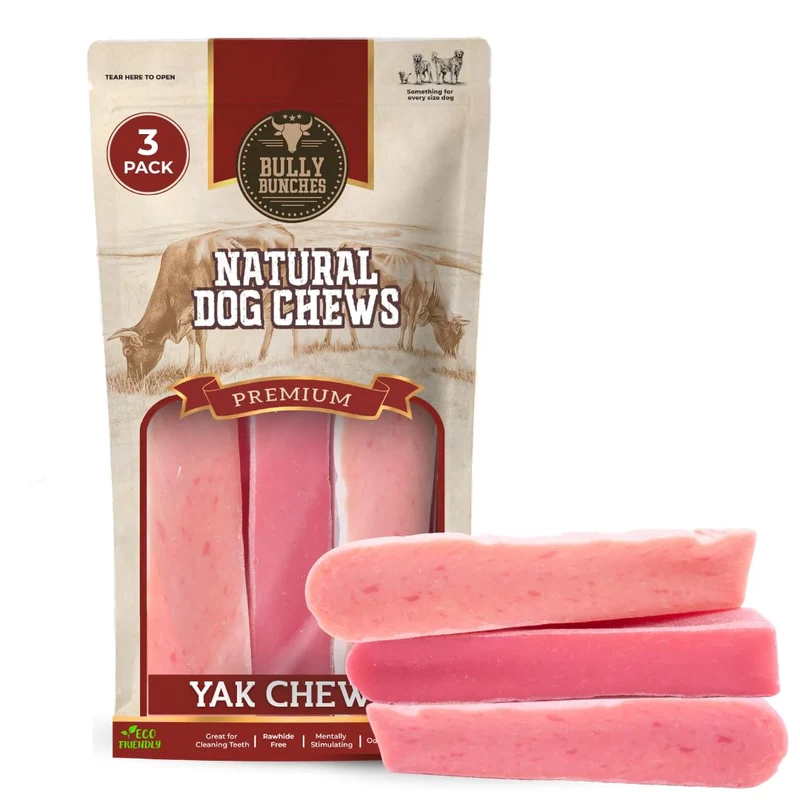 Bully Bunches Yak Chew Fraise – 100 g, Friandise naturelle et durable, protéinée pour chiens (3 pièces)
