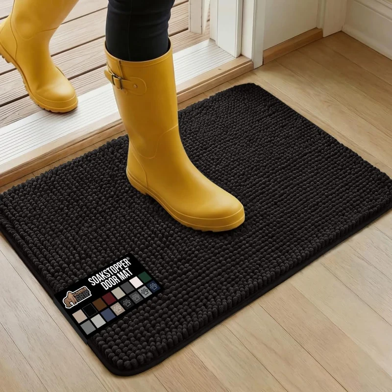 GORILLA GRIP SoakSTOPPER Tapis de Porte pour Chien – 30x20, Lavable en Machine, Absorbeur, Anti-Boue, Chenille Douce, Antidérapant, Noir