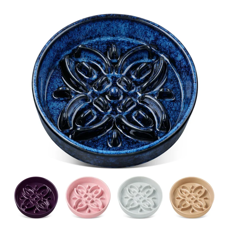 Vancasso Gamelle Céramique Lente pour Petits Chiens – Puzzle Floral Bleu, 0,6 Tasse, Anti-Dérapant