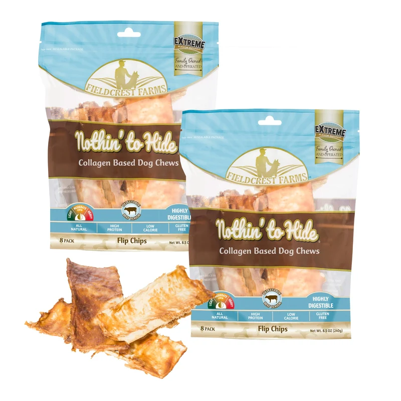 Fieldcrest Farms Nothin' to Hide Flip Chips – friables à base de collagène pour chiens, alternative naturelle au cuir cru, saveur bœuf, 2 paquets (16 morceaux)