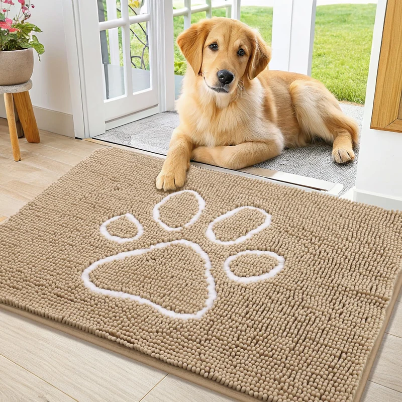 Smiry Tapis de Porte pour Chiens – Absorbant et Antidérapant, Chenille Beige et Blanc (36x24)