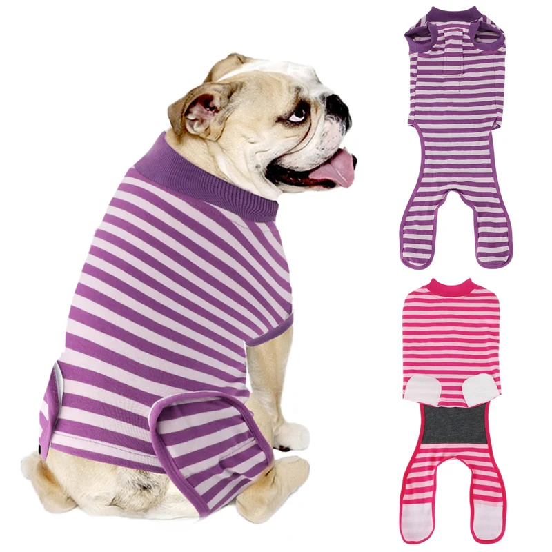 QUEARN 2 Packs Veste de récupération en coton respirant pour chiens – protection post-chirurgie, anti-léchage, 2 styles violet et rose rayé