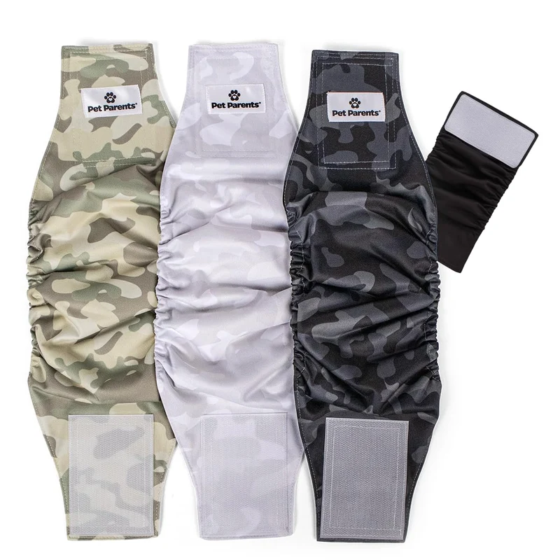 Pet Parents® Bandes ventrales lavables pour chiens mâles (3-pack) + Extendrs – Petite taille, camouflage