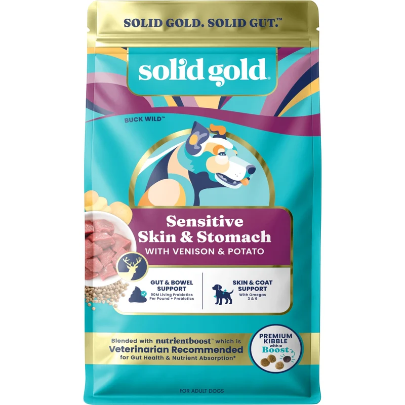 Solid Gold – Croquettes pour chien sensible sans céréales ni gluten – Venaison, citrouille & probiotiques – Nutrientboost – 1,7 kg