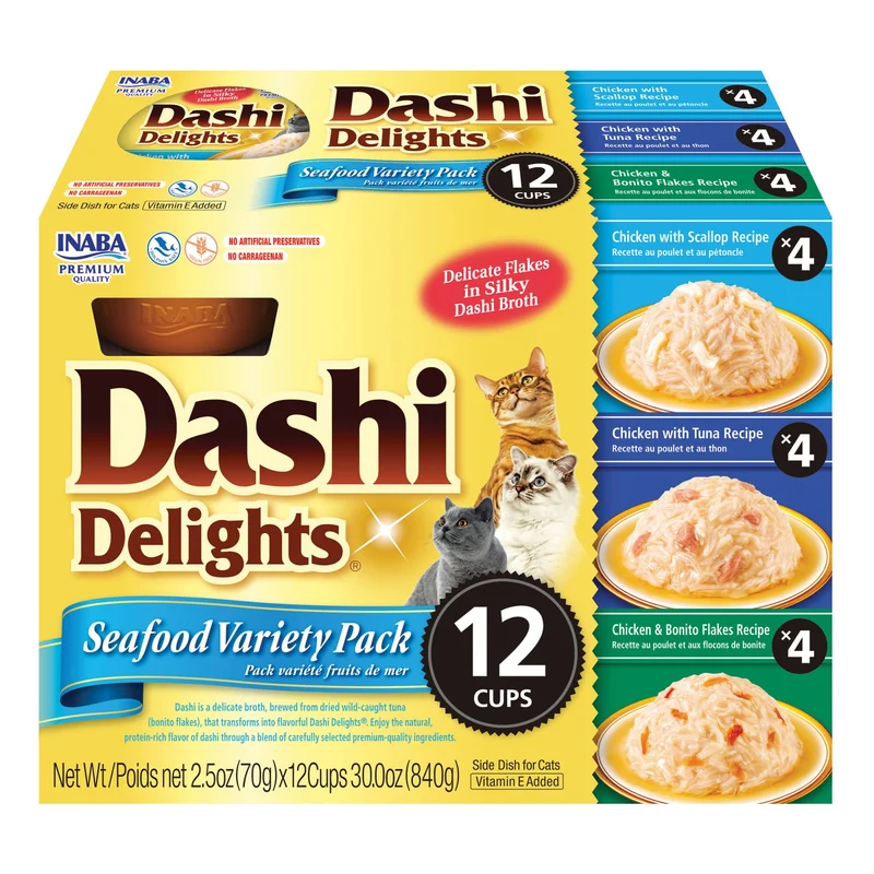 INABA Dashi Delights pour Chats – Poulet et Bouillon Bonito, 12 Coupes de 2,5 oz (Variété Fruits de Mer)