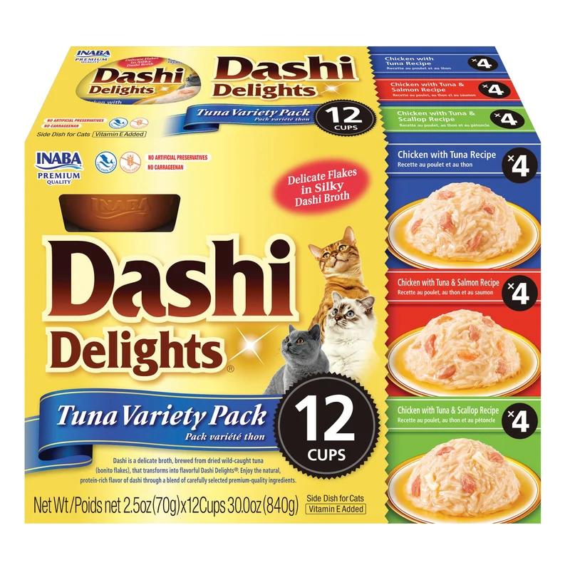 INABA Dashi Delights pour Chats – Poulet éfiloché au bouillon bonito, Coupes 2,5 oz, 12 unités – Variété Thon