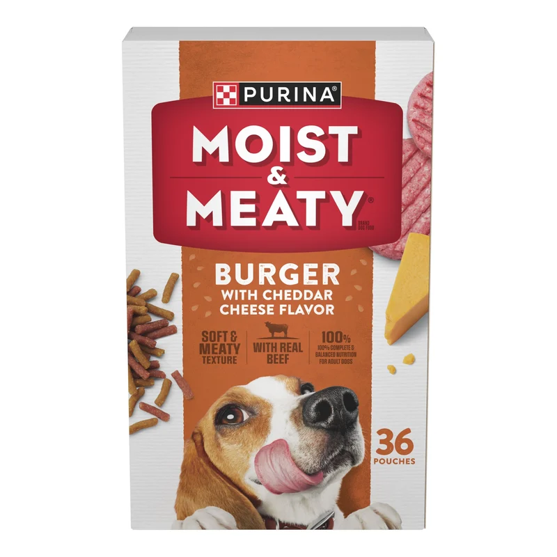 Purina Moist & Meaty Burger – Saveur Cheddar, Poches souples et savoureuses pour Chiens Adultes, 36 Sachets