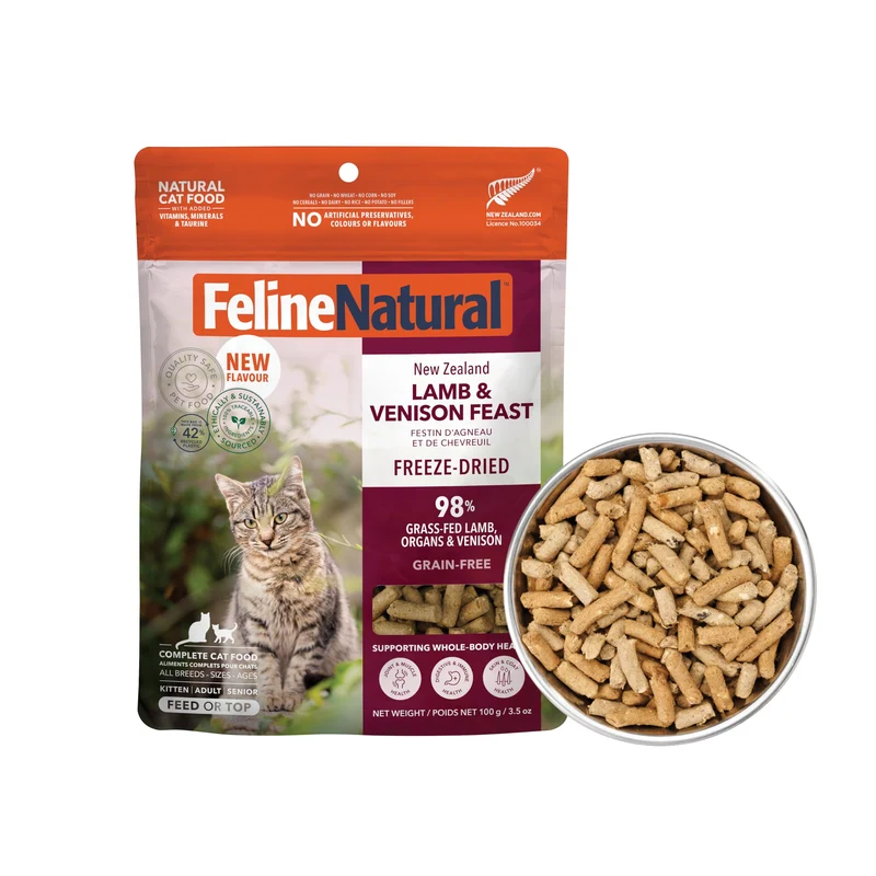 Feline Natural Nourriture pour Chat Lyophilisée – Sans Céréales, Haute Protéine, Agneau et Venaison, NZ, 3,5 oz