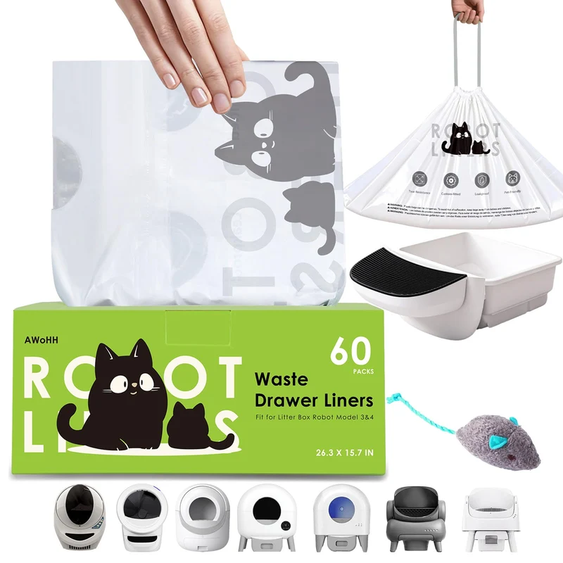 AWoHH – 60 sacs pour bac à litière robot 5/4/3 | Sacs épais, compatibles avec la plupart des bacs automatiques