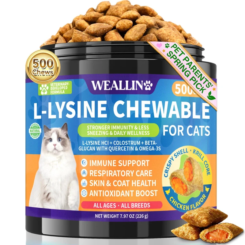 WEALLIN L-Lysine pour Chats – 500 Friandises Croquantes au Cœur de Krill, Saveur Poulet, Colostrum et Oméga-3
