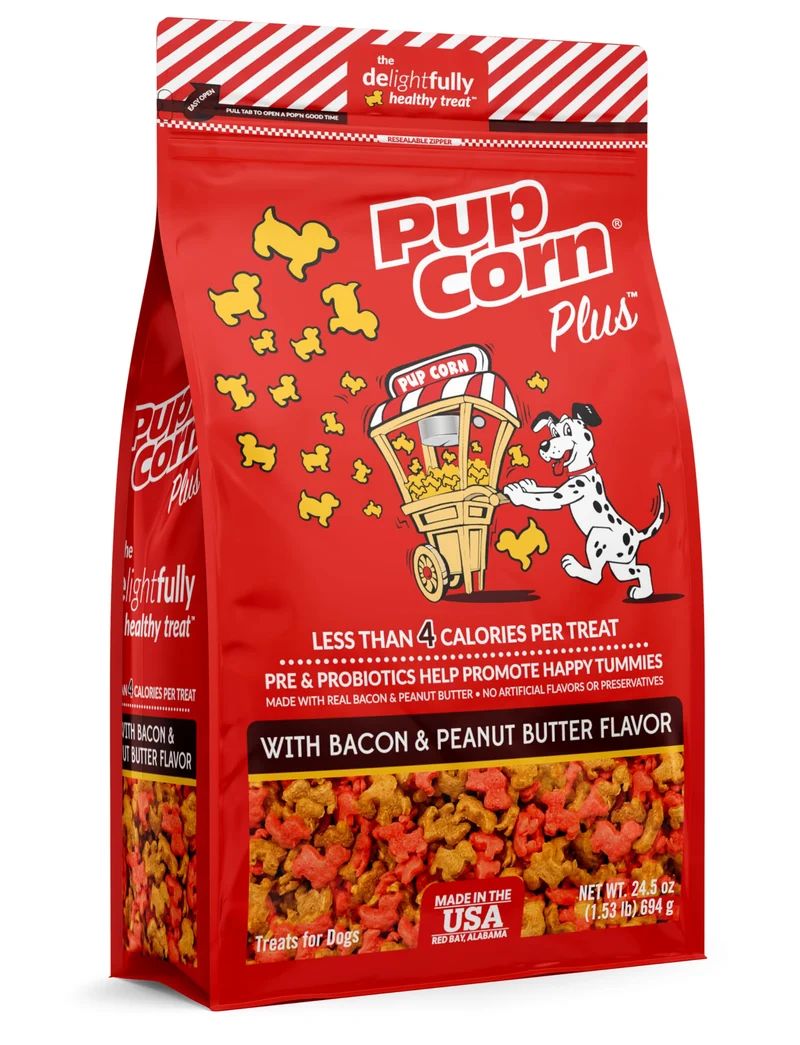 Pup Corn Plus – Friandises puffées pour chiens avec prébiotiques et probiotiques – Bacon & Beurre de cacahuète (24 oz) – Fabriqué aux États‑Unis