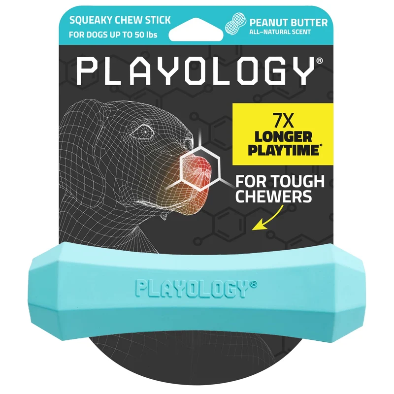 Playology Jouets pour Chiens | Bâton Siffleur Moyen à Mâcher – Parfum Beurre de Cacahuète, Non Toxique, Facile à Nettoyer