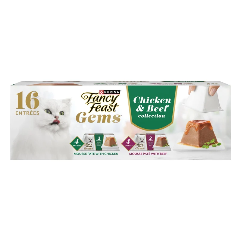 Fancy Feast Gems Pâté Chat – Mousse au Poulet ou Boeuf et Sauce Savoureuse, Pack Variété Humide 8 Boîtes