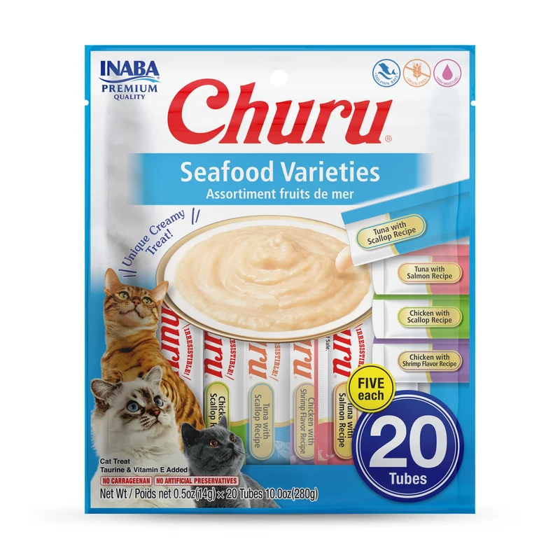 INABA Churu pour chat – Purée crémeuse à lécher au thé vert et taurine, saveur Poisson, 20 tubes
