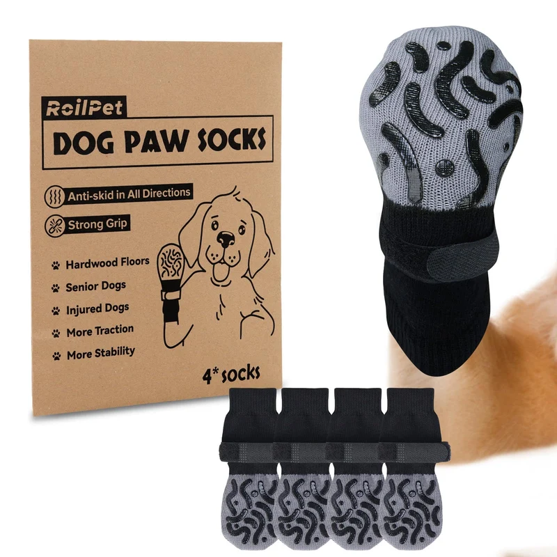 Roilpet Chaussettes pour Chien Anti-Dérapage Double Face — Traction sur Bois, Protège Pattes, Sangles Ajustables, Noir
