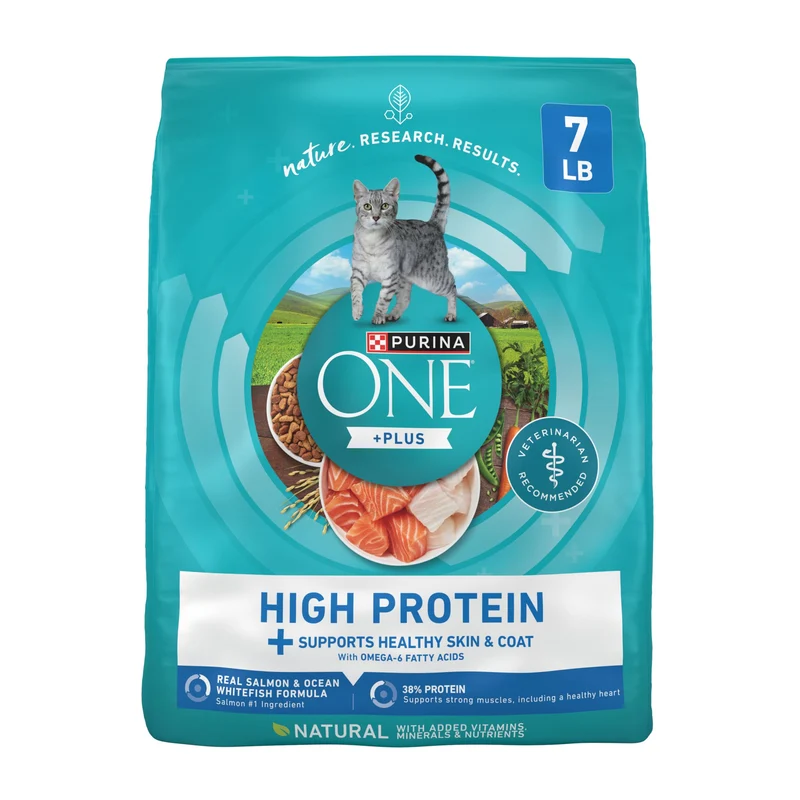 Purina ONE Plus Haute Protéine – Croquettes pour Chat au Saumon et Morue, Peau et Poil Sains, Sac 3,2 kg