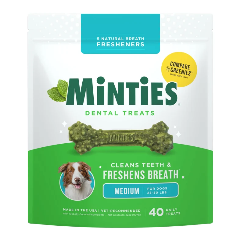 Minties Gâteries Dentaires pour Chiens — 40 friandises, recommandées par les vétérinaires, haleine fraîche et nettoyage des dents (chiens moyens)