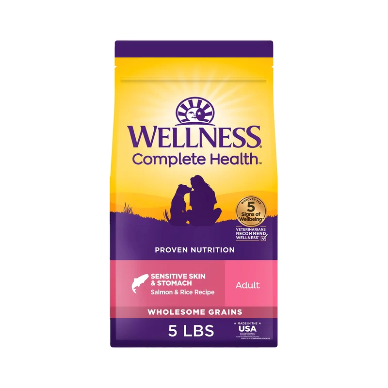 Wellness Santé Complète pour Chiens Sensibles — Sans Poulet, Saumon et Riz, Croquettes Naturelles, 2,27 kg