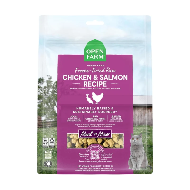 Open Farm – Nourriture Chat Cru Séchée 92% Viande (Poulet & Saumon) – Morceaux Complets 9oz