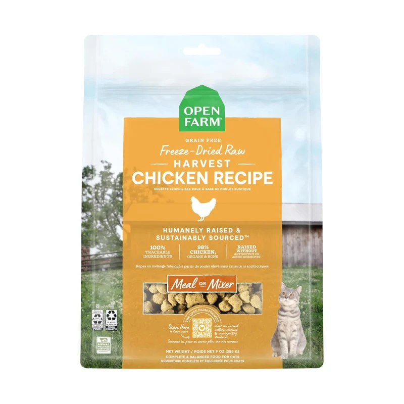 Open Farm Harvest Poulet – Repas Cru Lyophilisé pour Chats, 92% Viande, 9oz