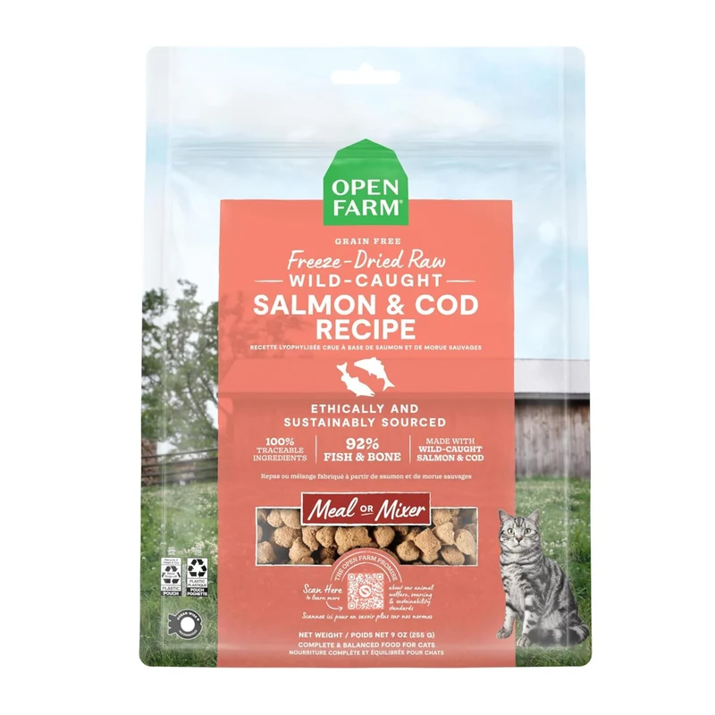 Open Farm Nourriture Crue Lyophilisée pour Chat – Repas Complet 92% Viande, Organes et Os (Saumon Sauvage & Morue) – Sachet 9 onces
