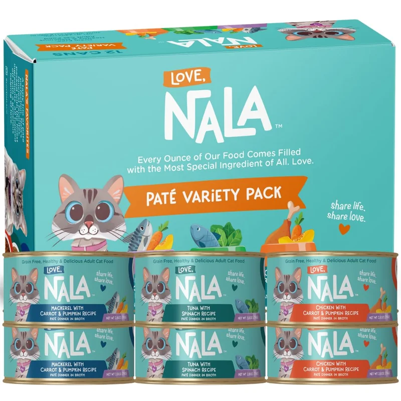 LOVE, NALA - Nourriture humide naturelle pour chat adulte - Pâté varié (thon, poulet, maquereau) - Sans céréales, Non‑OGM - Pack 12 boîtes de 2,1 lb