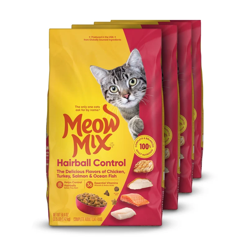Meow Mix Hairball Control – Croquettes pour Chat Adulte, Sac de 4 x 3,15 lb
