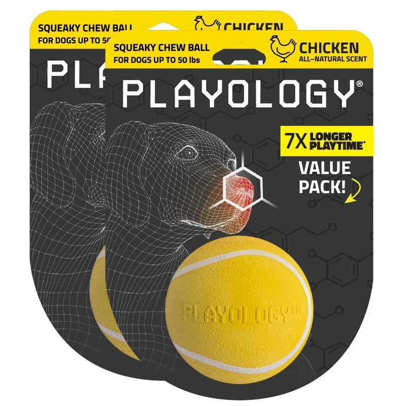 Jouets pour chien Playology | Balle qui couine et mordille – Lot 2, flottante et durable, parfum poulet, taille moyenne, facile à nettoyer