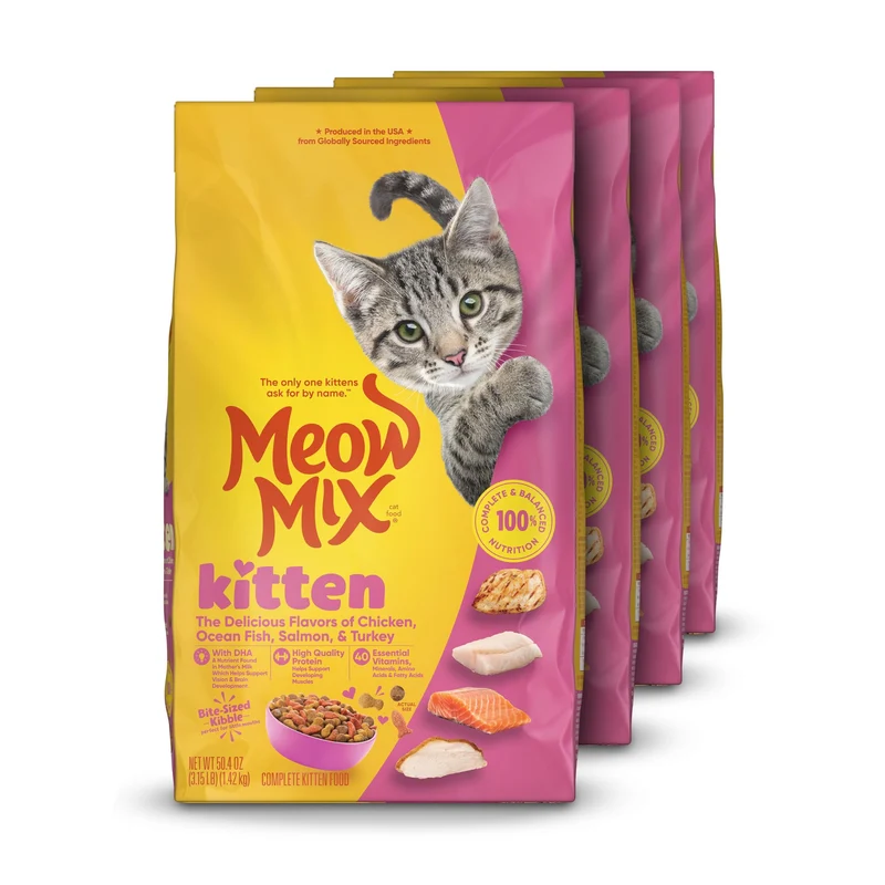 Meow Mix Kitten Li'l Nibbles – Croquettes pour chatons, sac de 1,43 kg, lot de 4