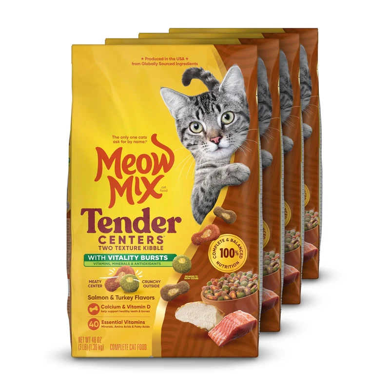 Meow Mix Cœurs Tendres Saumon et Dinde – 4 sacs de 3 lb, avec Pépites Vitalité
